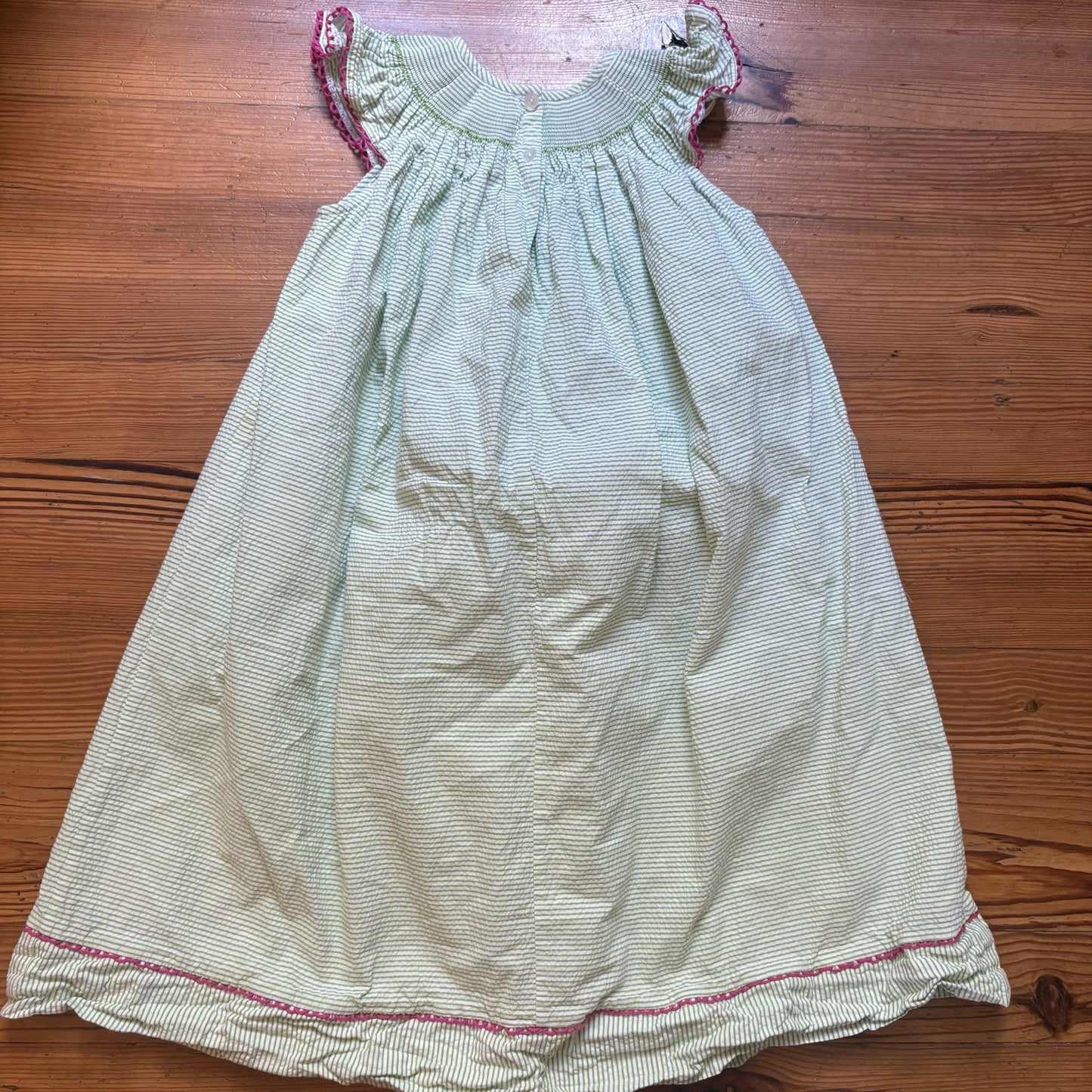 Vive La Fete green white striped seersucker bunny garden smocked dress SIZE 7