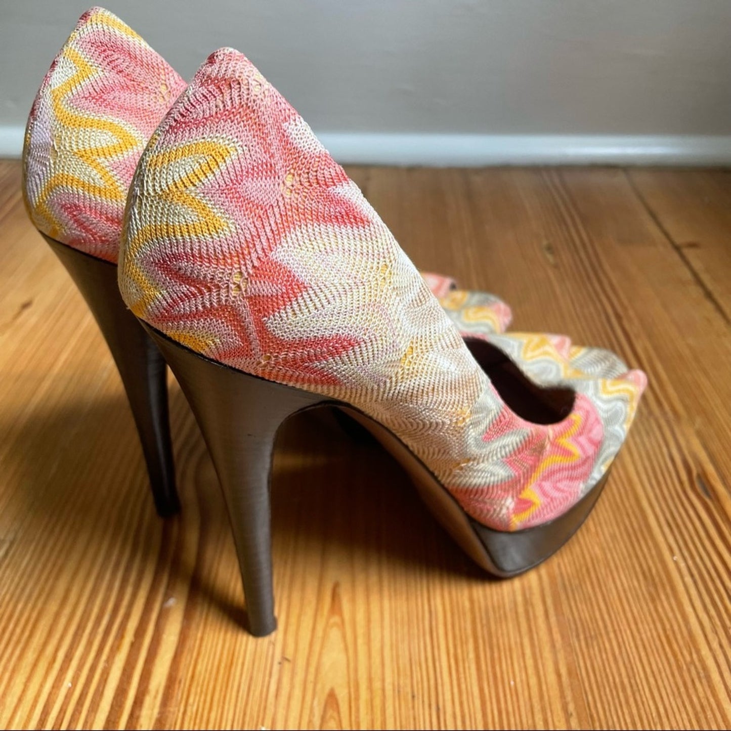 Missoni multicolor knit textile peep toe heeled platform pumps SIZE 38