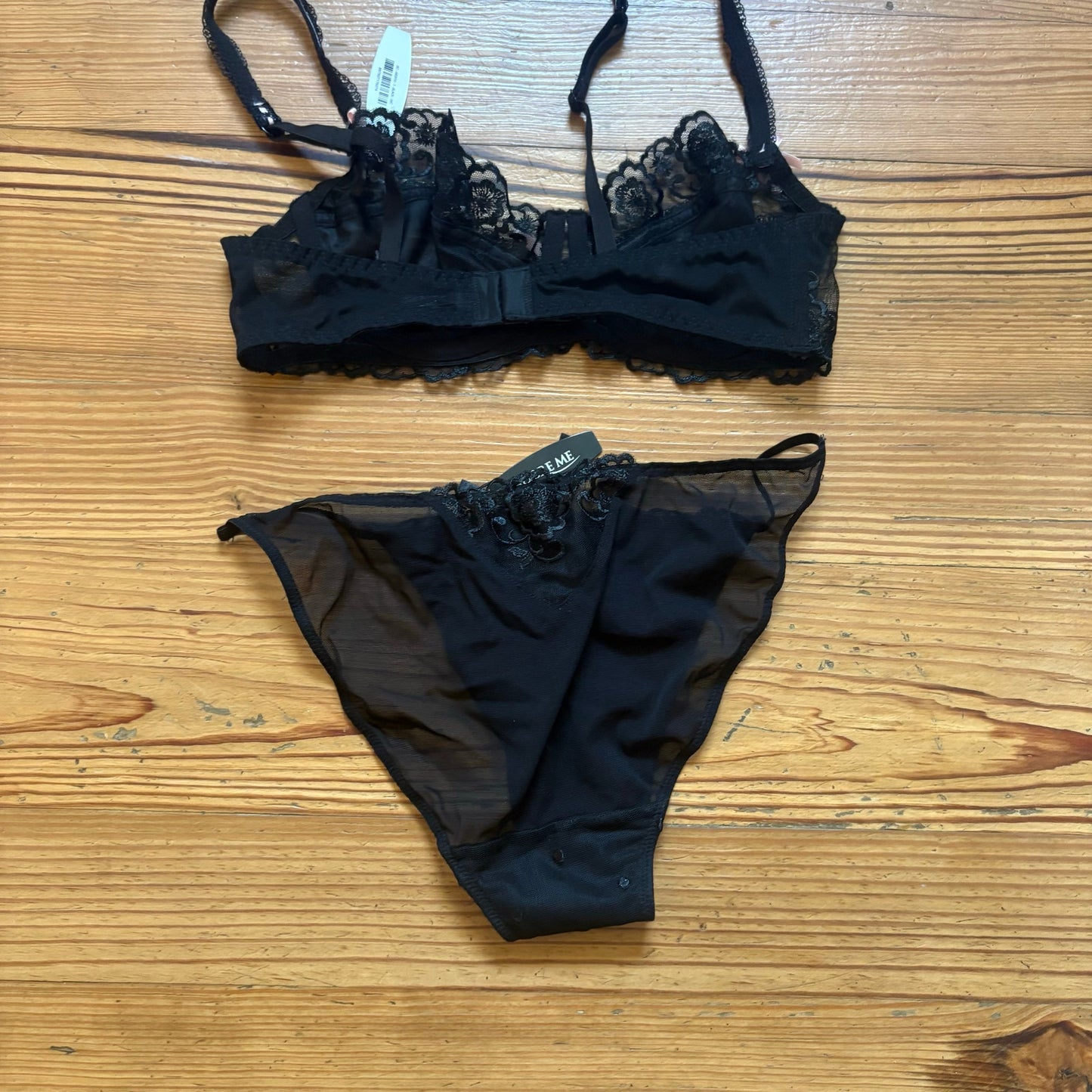 NWT Adore Me black lace pink ribbion accent bra pantie set SIZE M
