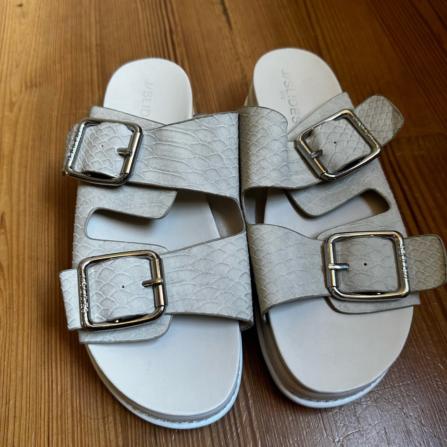 J/Slides cream double buckle platform slide sandals SIZE 8.5