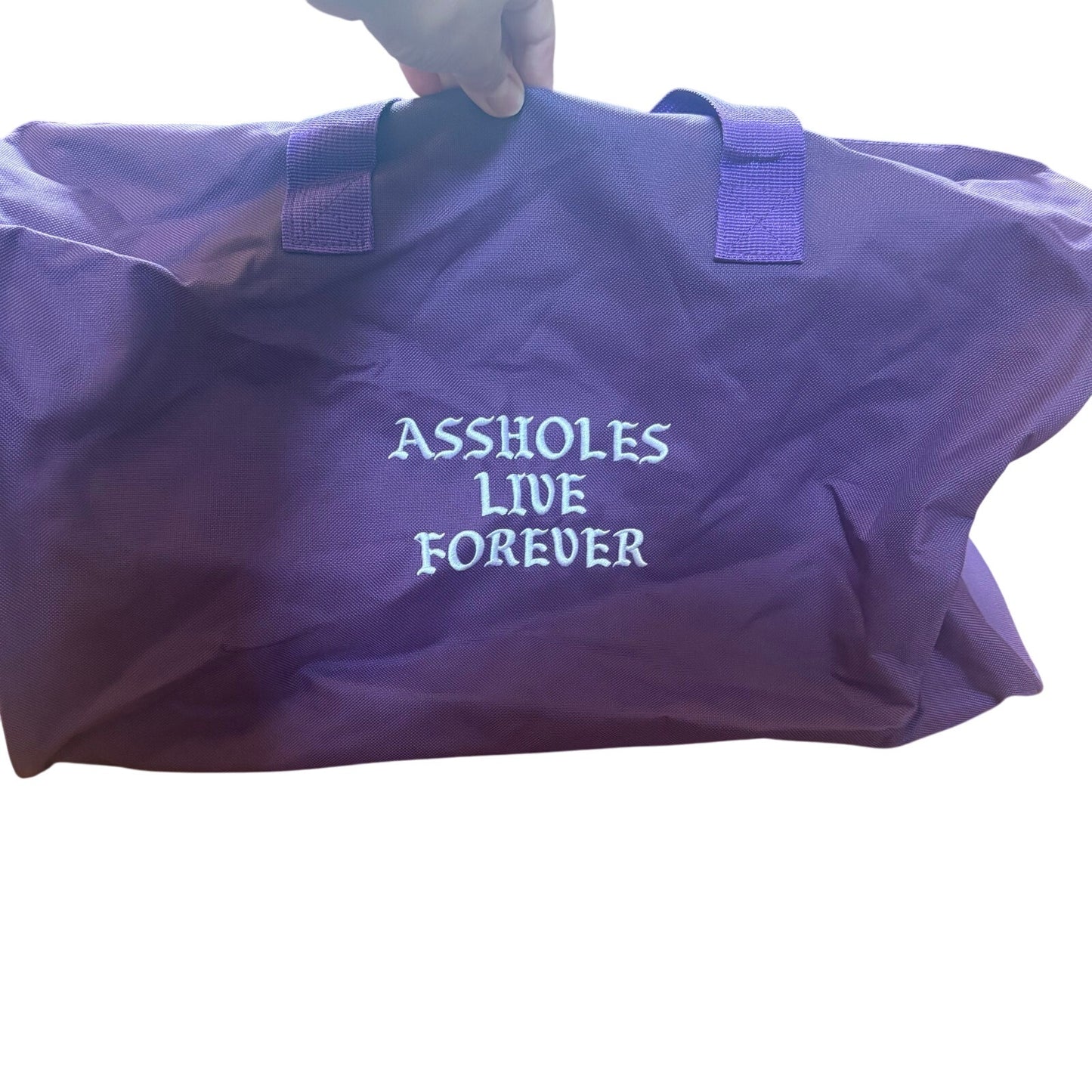 A**holes Live Forever purple Emotional Baggage large duffle bag