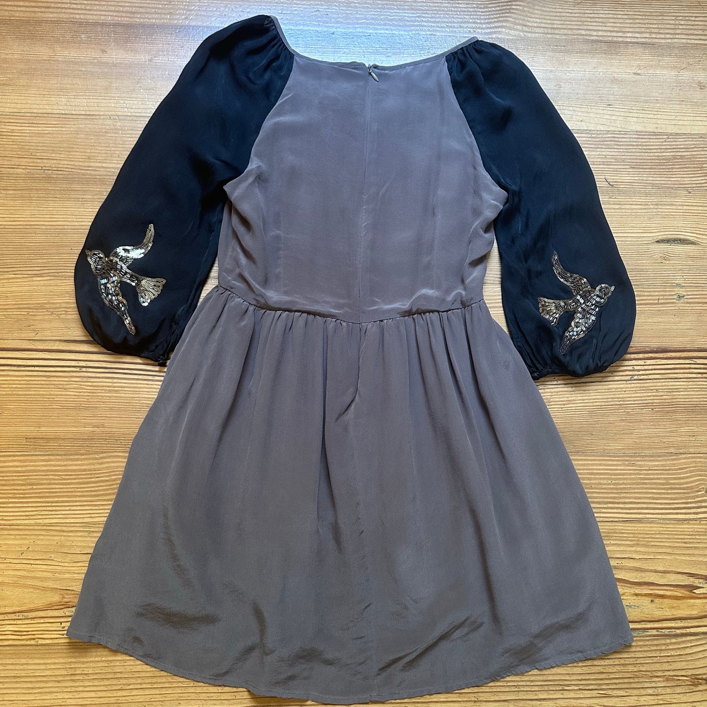 Line & Dot brown black sequin bird applique sheer sleeve silk dress SIZE S