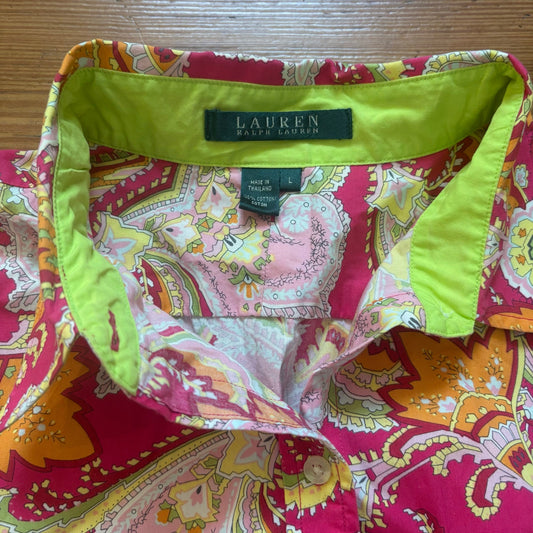 Ralph Lauren red pink paisley quarter sleeve button up womens shirt SIZE L