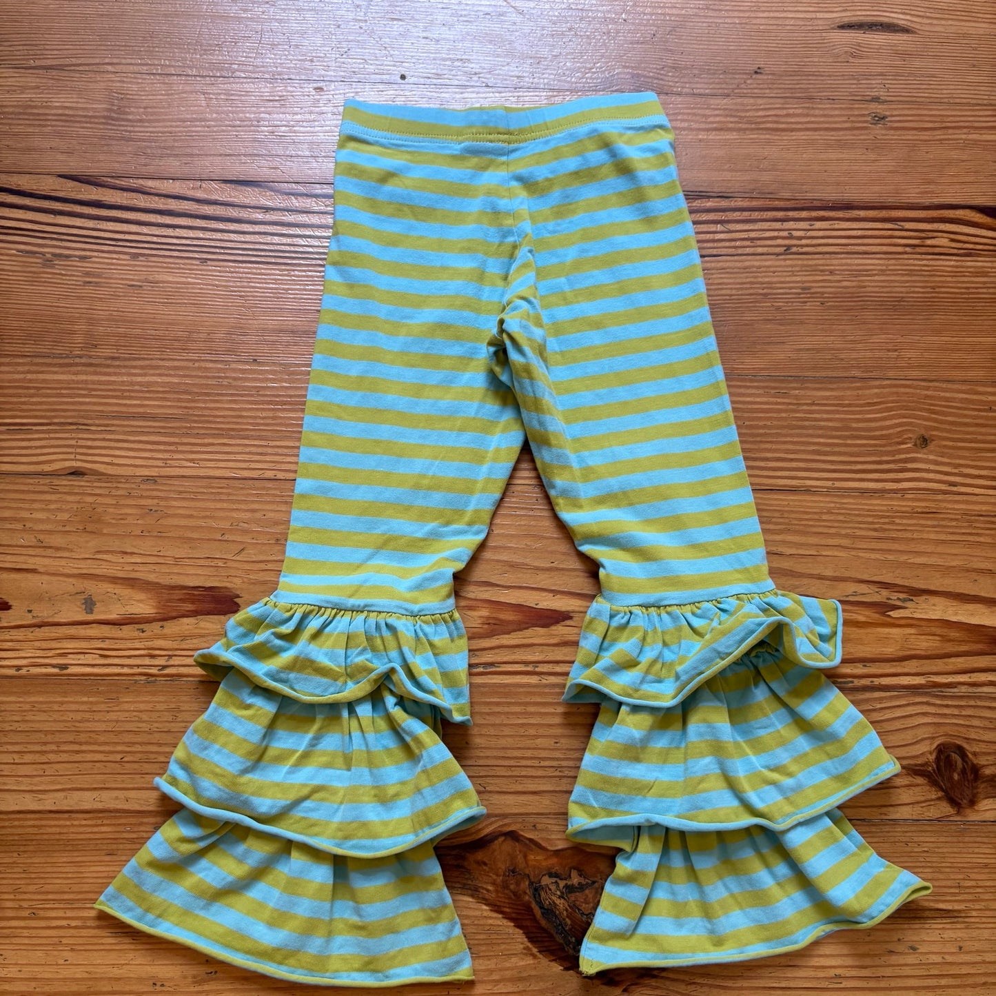 Matilda Jane green blue striped ruffle bottom elastic waist stretch pants SIZE 6
