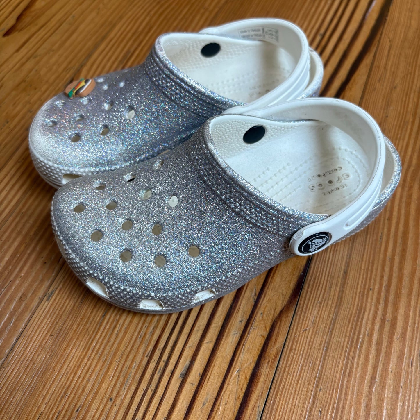 Crocs white silver glitter classic slip on child clog sandal SIZE 10