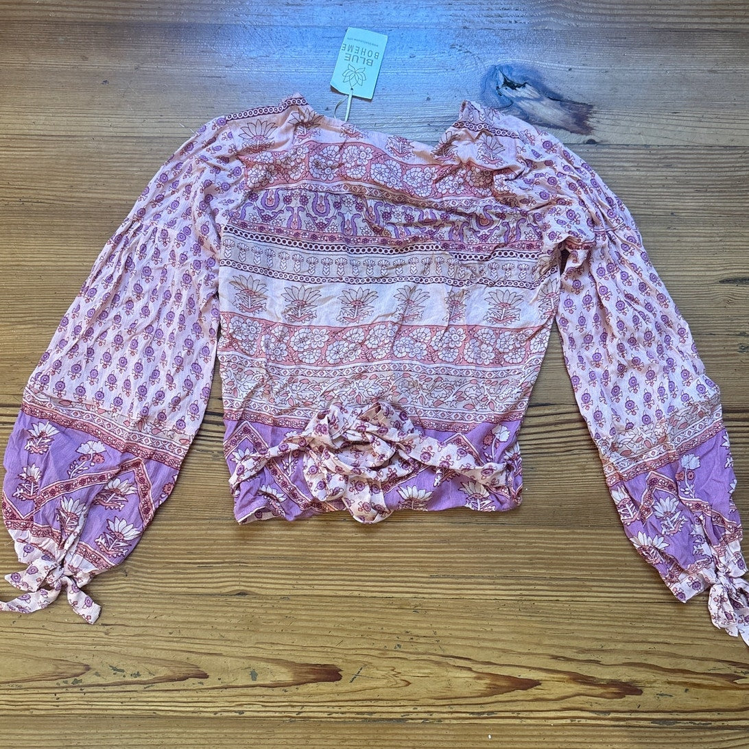 NWT Blue Boheme Bella pink romantic boho puff long sleeve wrap waist blouse OS