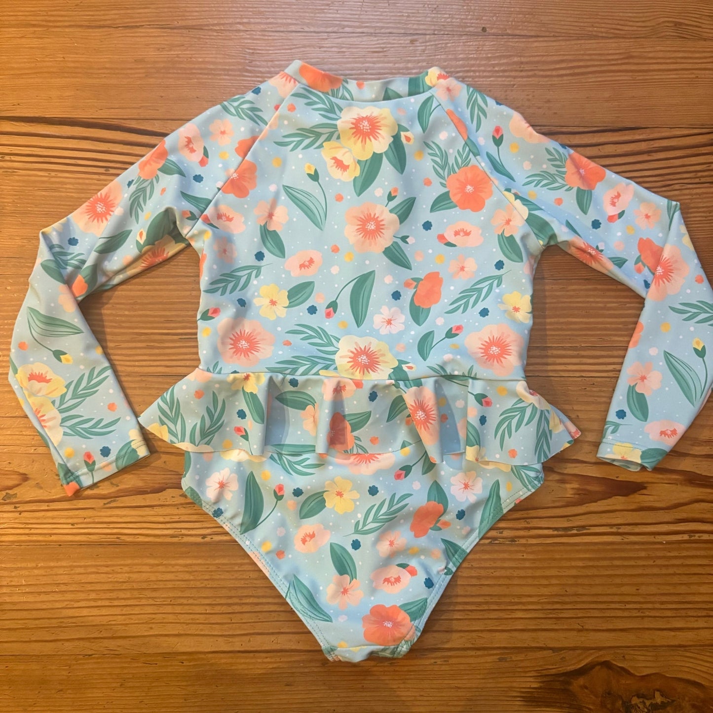 Shein light blue floral raffle rash guard long sleeve swimsuit SIZE 6