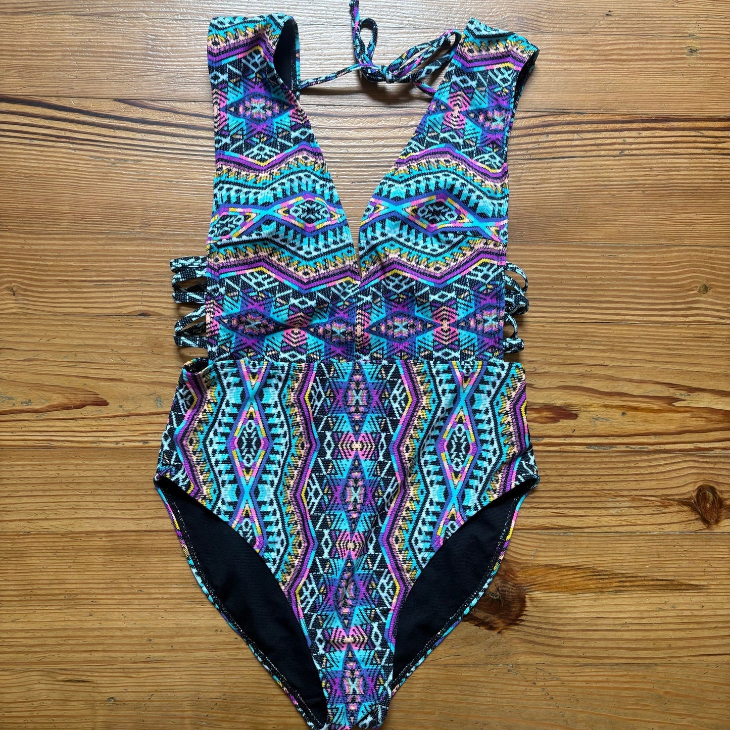 No Boundaries multicolor tribal plunge neckline low back one piece SIZE XL