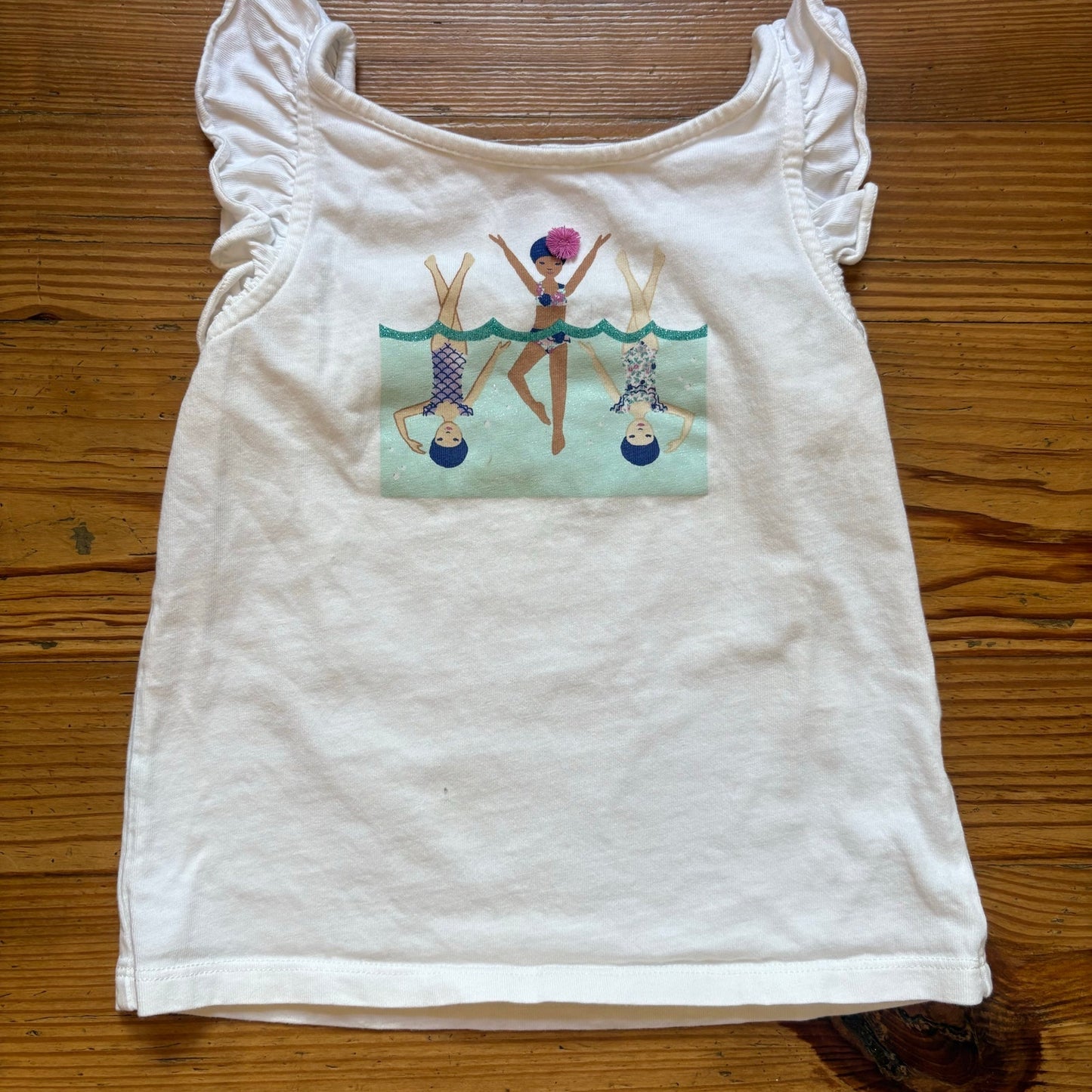 Janie and Jack white ruffle sleeveless summer swimmers graphic shirt SIZE 4