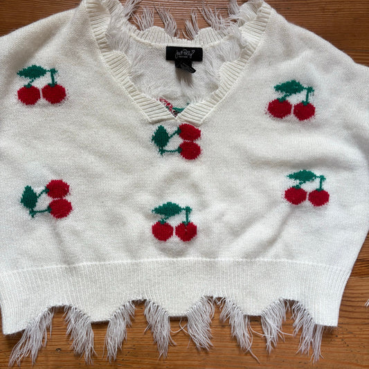 Just Polly white cherry distressed cropped v neckline sweater SIZE S
