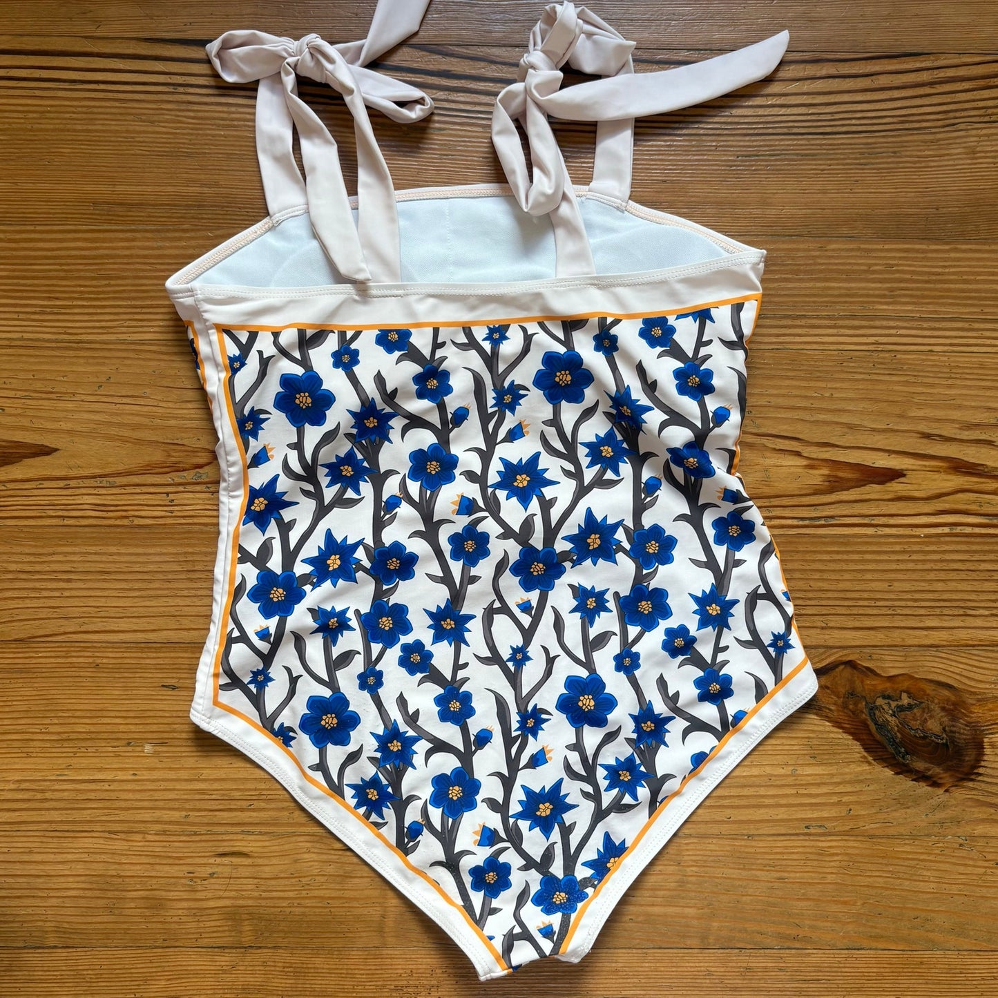 Shein ivory blue Amalfi floral tie strap one piece swimsuit SIZE XL