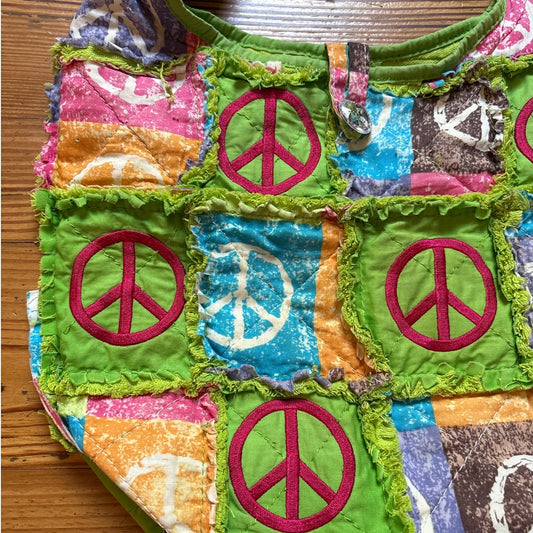 Green colorful patchwork peace sign boho crossbody rag bag