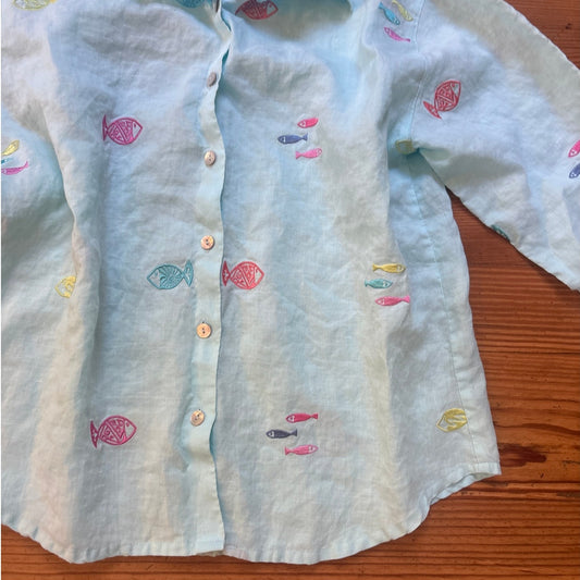 Casey Coleman blue linen fish embroidered button adjustable sleeve blouse SIZE S