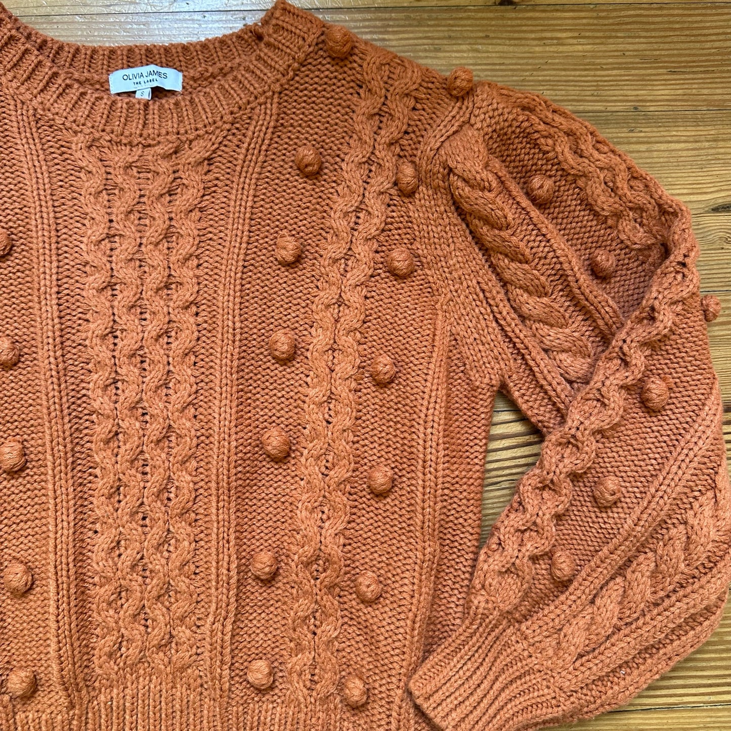 Olivia James The Label burnt orange cable knit pom pom crew sweater SIZE S