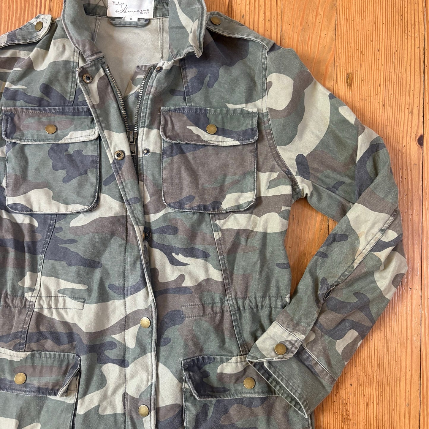 Vintage Havana green camo full zip adjustable waist utility womens jacket SIZE S