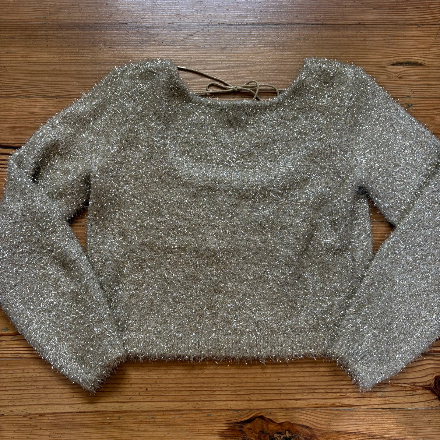 Anthropologie beige gold threading open back cropped long sleeve sweater SIZE S