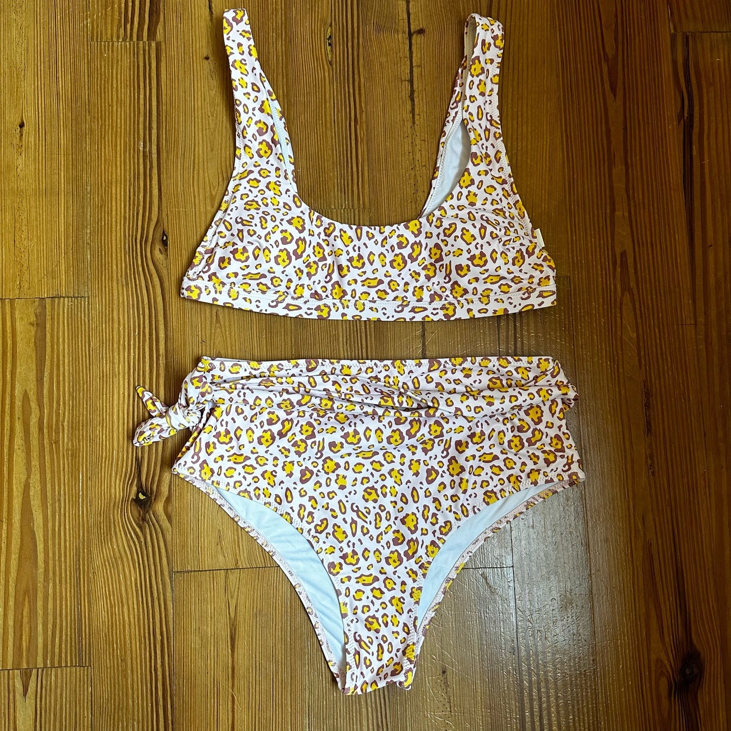 Pink neutral cheetah print high waisted two piece SIZE L