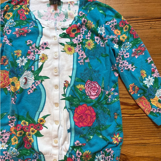 Talbots teal white floral button cardigan sweater SIZE M
