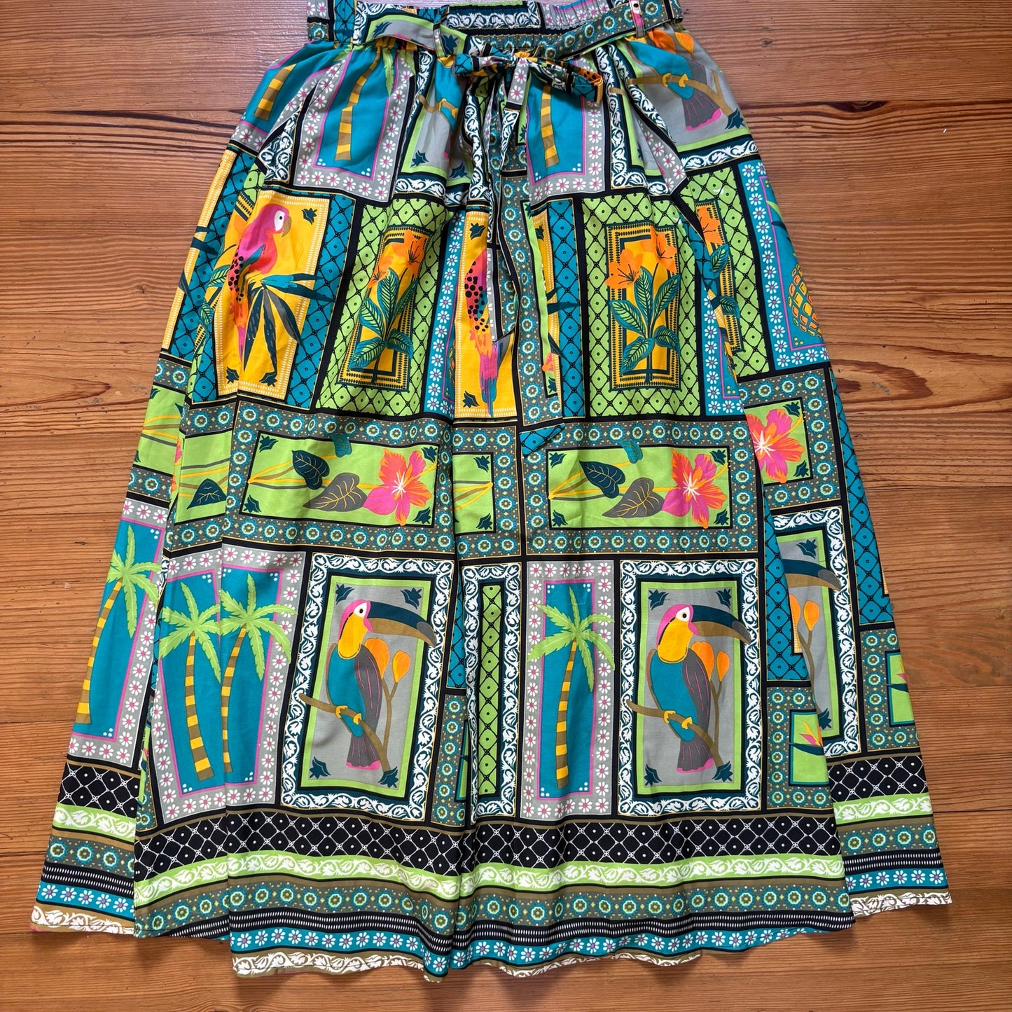 NWT Cato blue green tropical flowy elastic tie waistband maxi skirt SIZE M