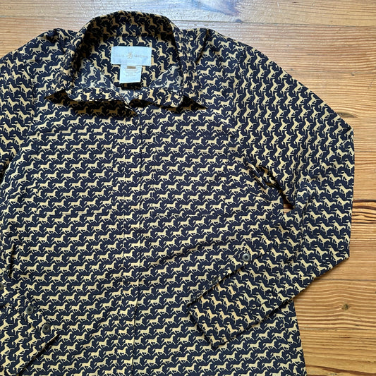 Julie Brown black with cream horse pattern, long sleeve button up shirt SIZE 6
