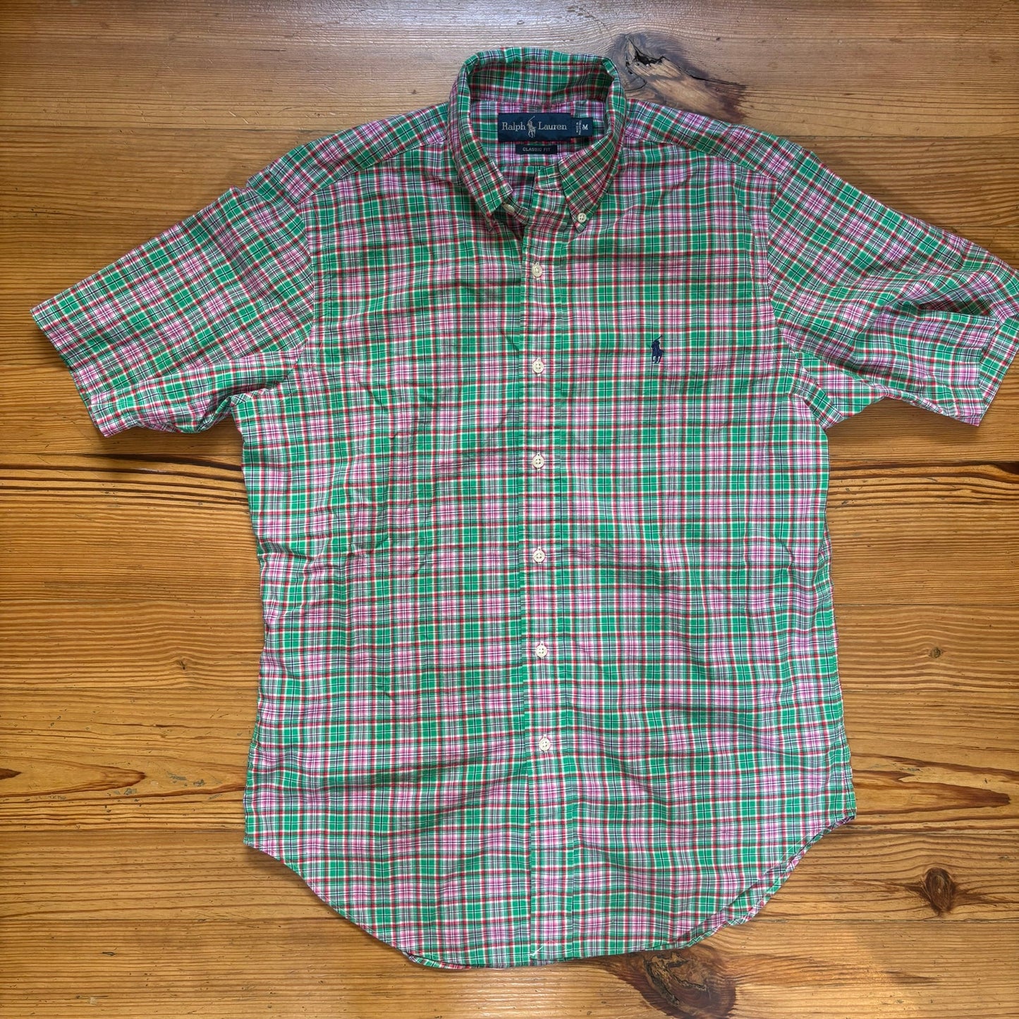 Ralph Lauren green pink plaid short sleeve button up mens shirt SIZE M