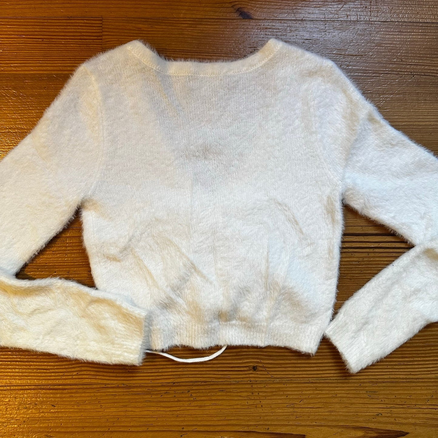 Lottie Moss white fuzzy long sleeve adjustable front sweater SIZE S