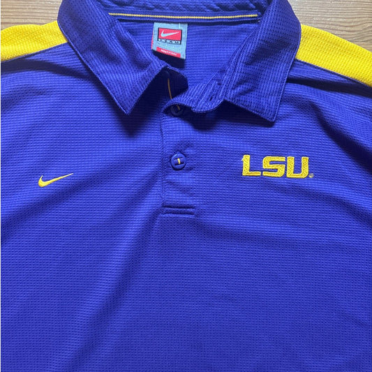 Nike LSU Louisiana State University purple yellow short sleeve polo shirt SIZE L