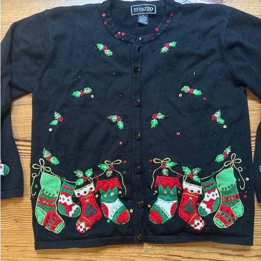 Terazzo black Christmas knit cardigan stocking mistletoe sweater SIZE M