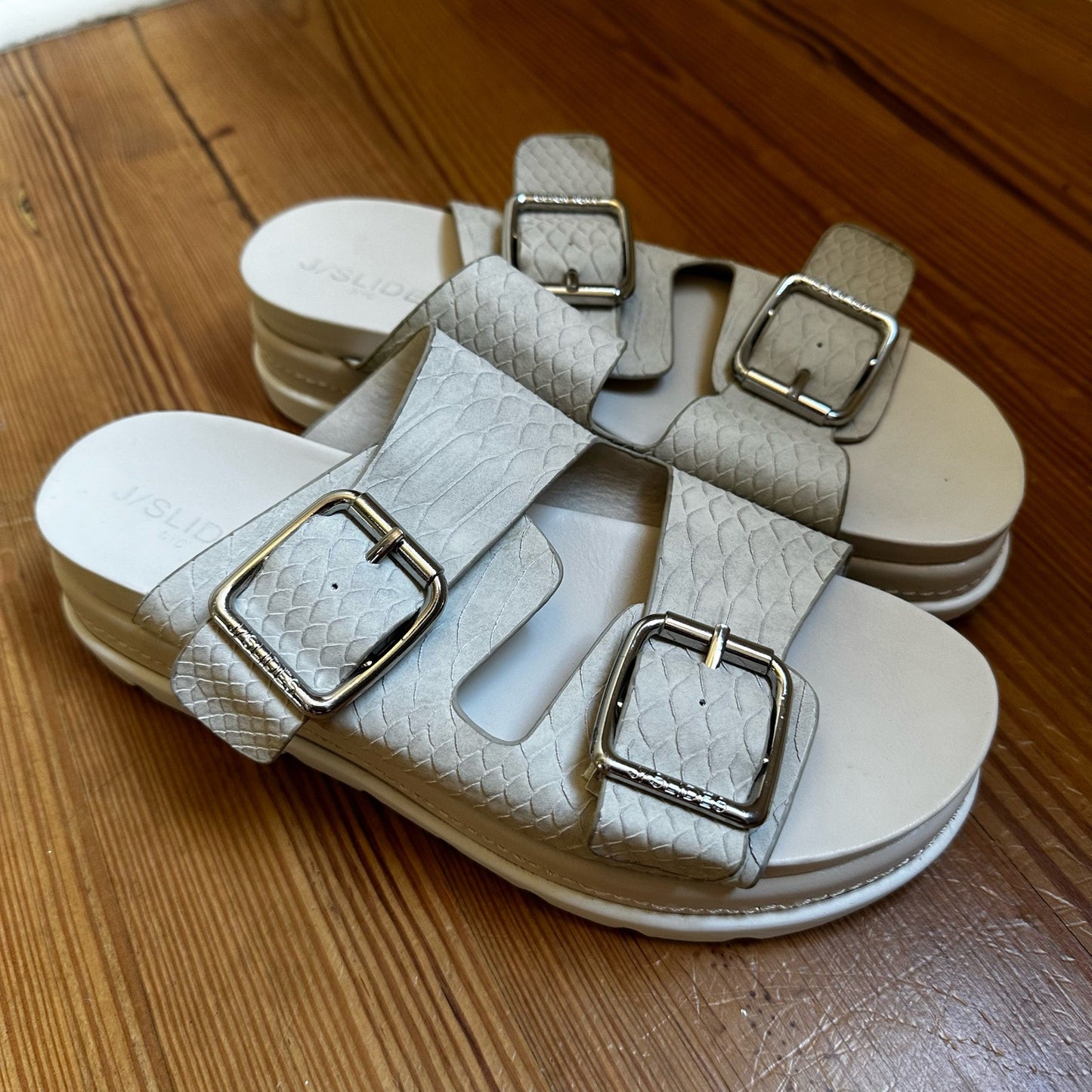 J/Slides cream double buckle platform slide sandals SIZE 8.5