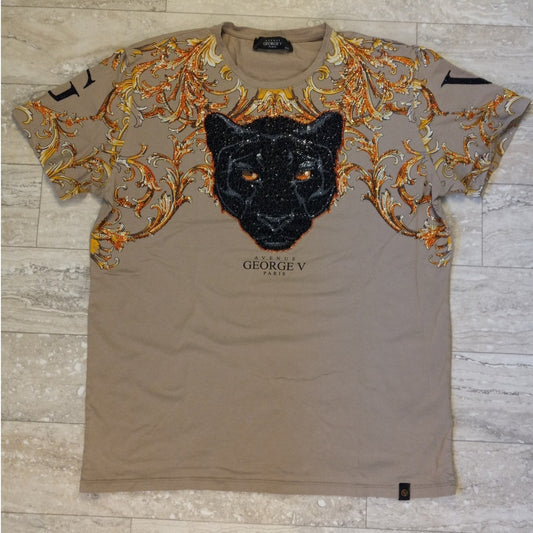 Avenue George V beige black panther rhinestone short sleeve mens shirt SIZE XXL