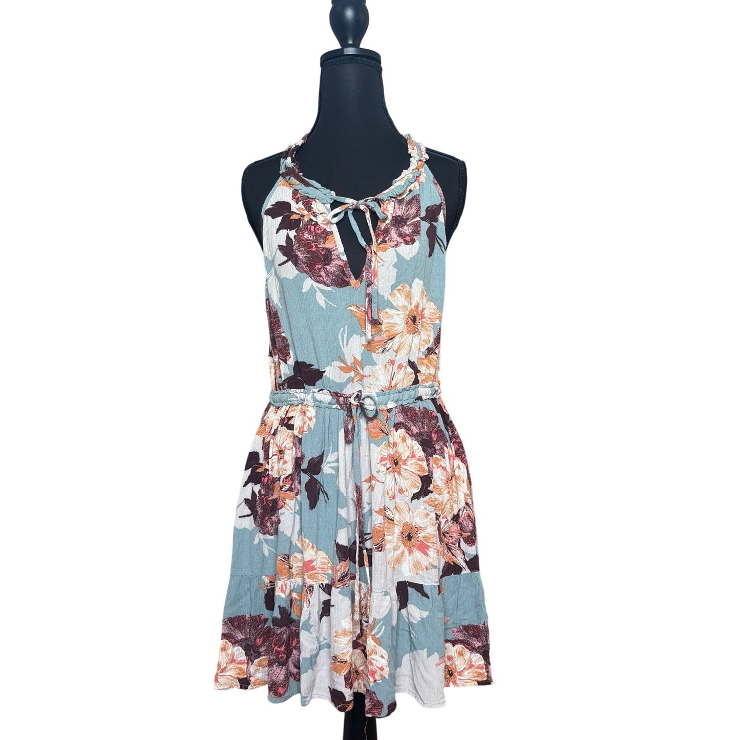Band of Gypsies blue yellow floral boho ruffle sleeveless dress SIZE L