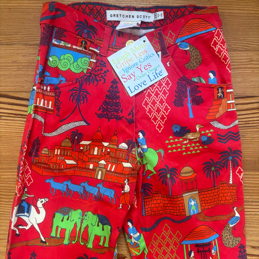 NWT Gretchen Scott red Asian print high rise skinny pants SIZE XXS