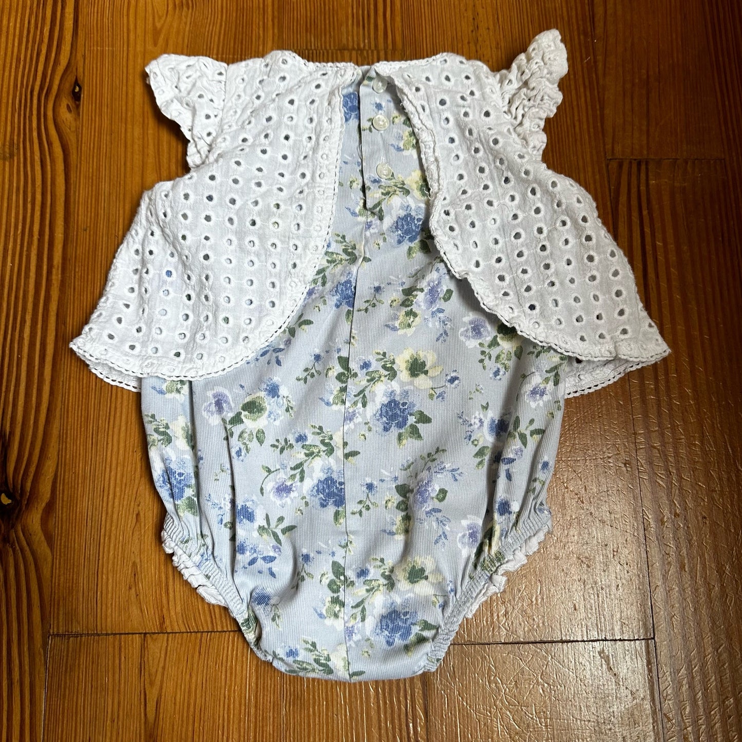 Mudpie blue floral white eyelet overlay one-piece SIZE 9-12M
