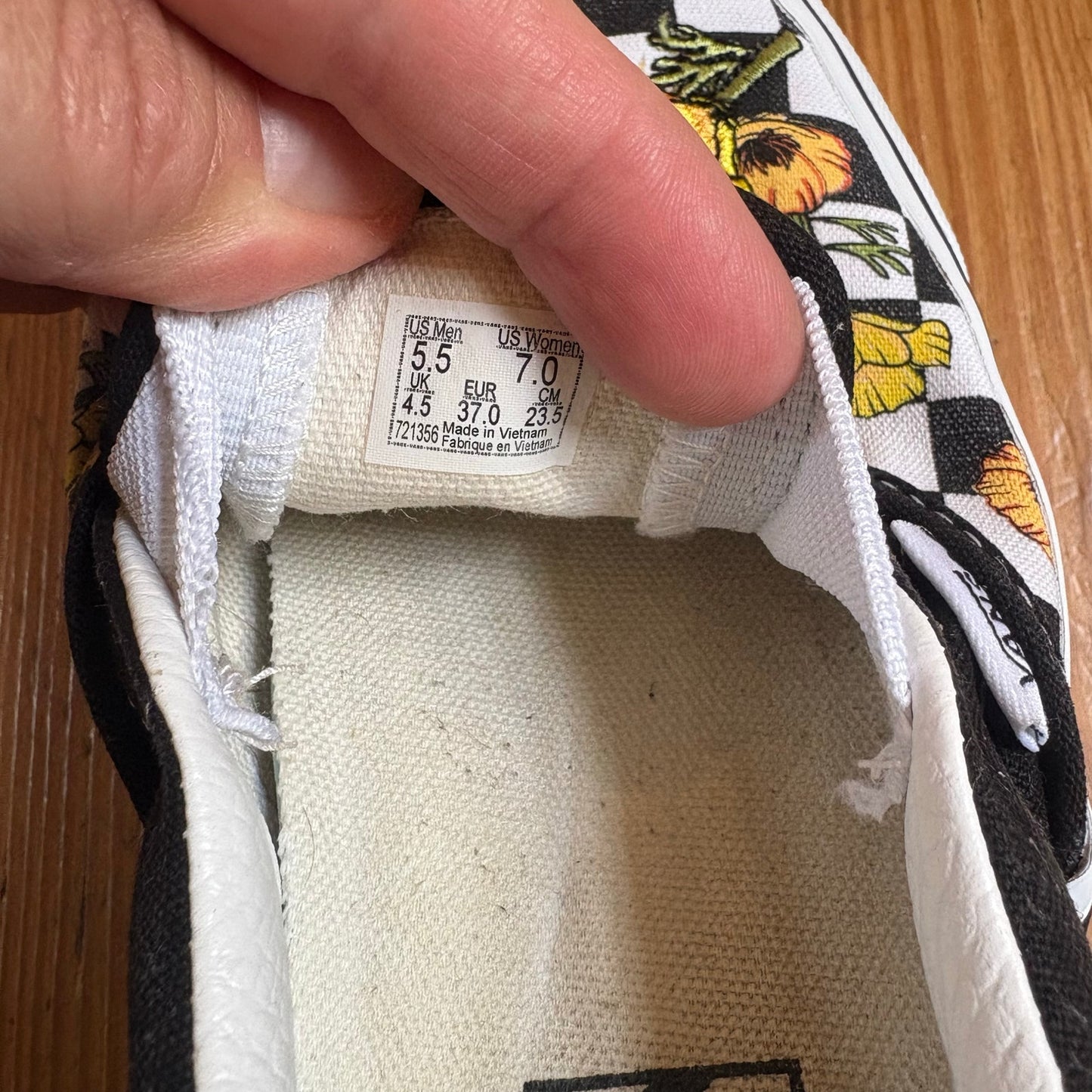 Vans black white checkered floral embroidered low top slip on sneakers SIZE 7