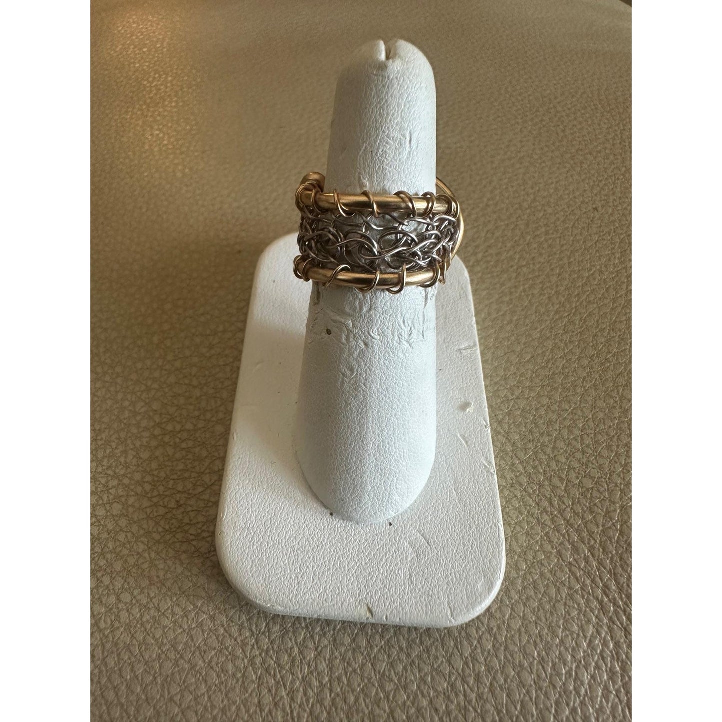 Crystalline Stone wrapped in 14kt Gold Fill Wire and Fine Silver Crochet Band Size 6