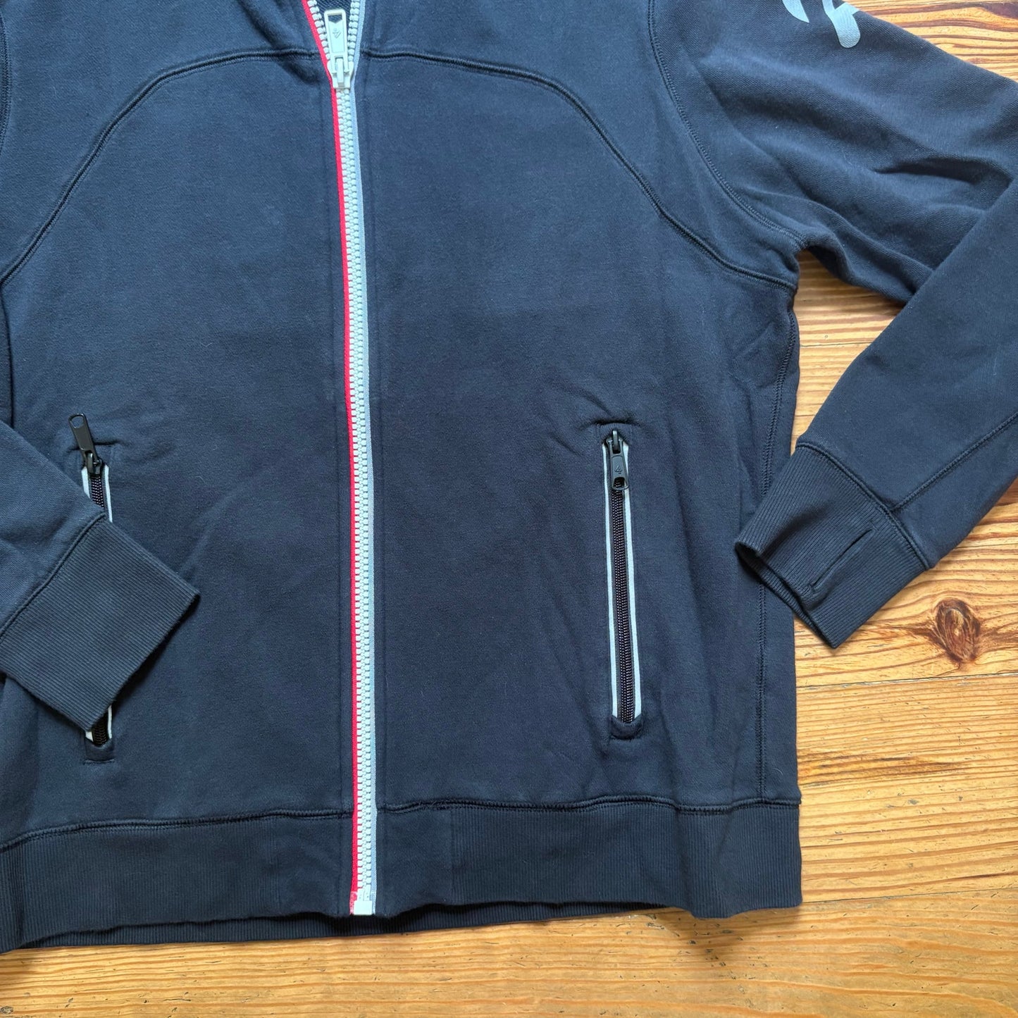 Fourlaps Peloton black gray lettering full zip mens hooded sweater SIZE L