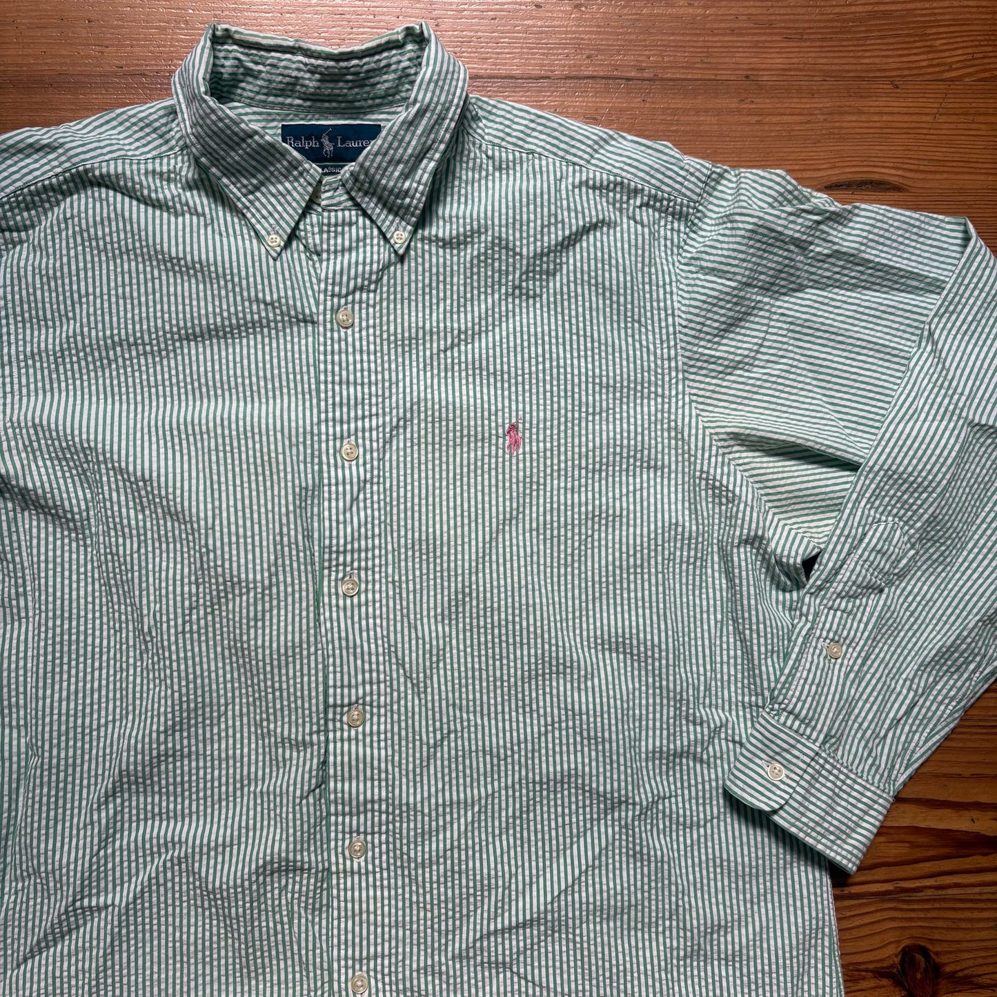 Ralph Lauren green white striped seersucker long sleeve dress shirt SIZE XL