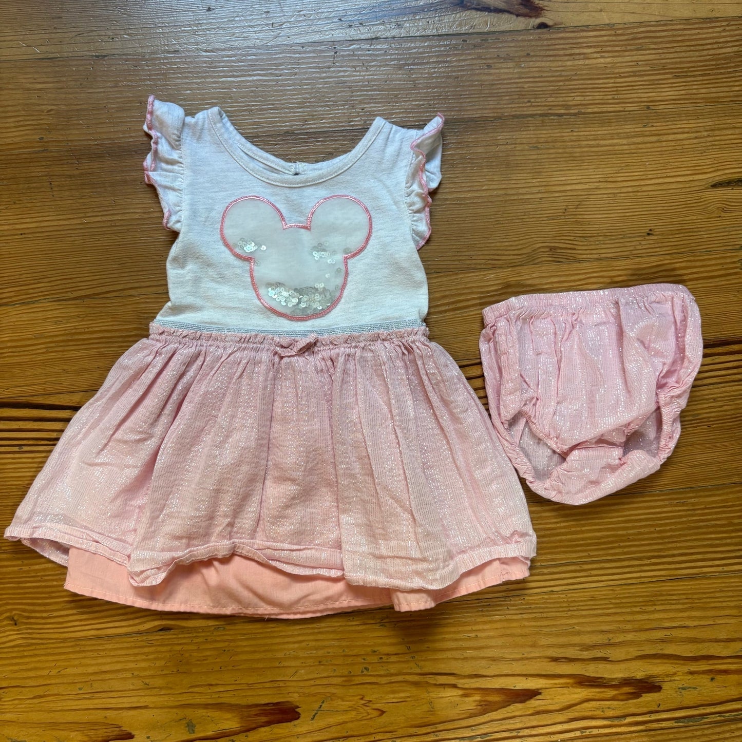 Disney Minnie Mouse gray pink short flutter sleeve dress with bloomers SIZE 18M