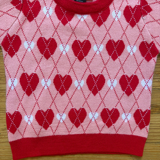 Runway red pink argyle heart knit short ruffle sleeve girls sweater SIZE 8