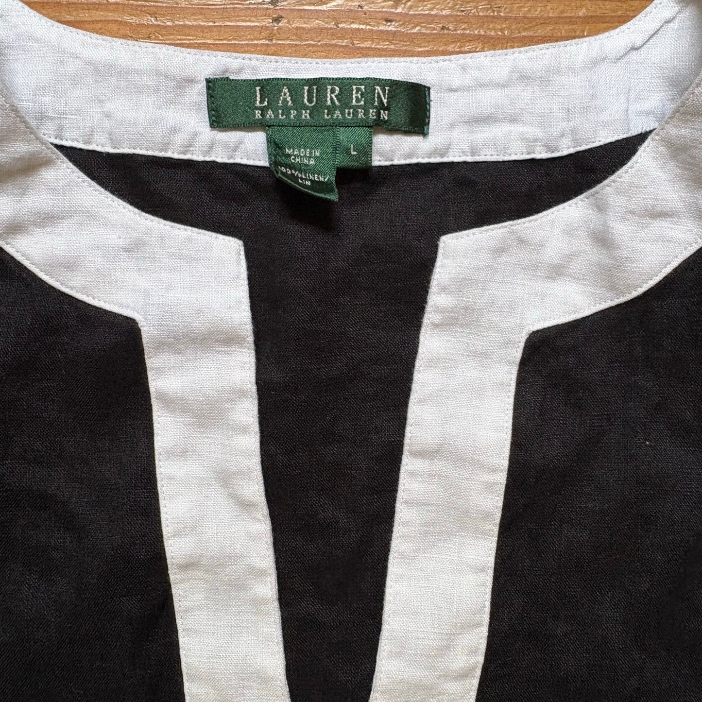 Ralph Lauren black white plunge neckline linen long sleeve tunic top SIZE L