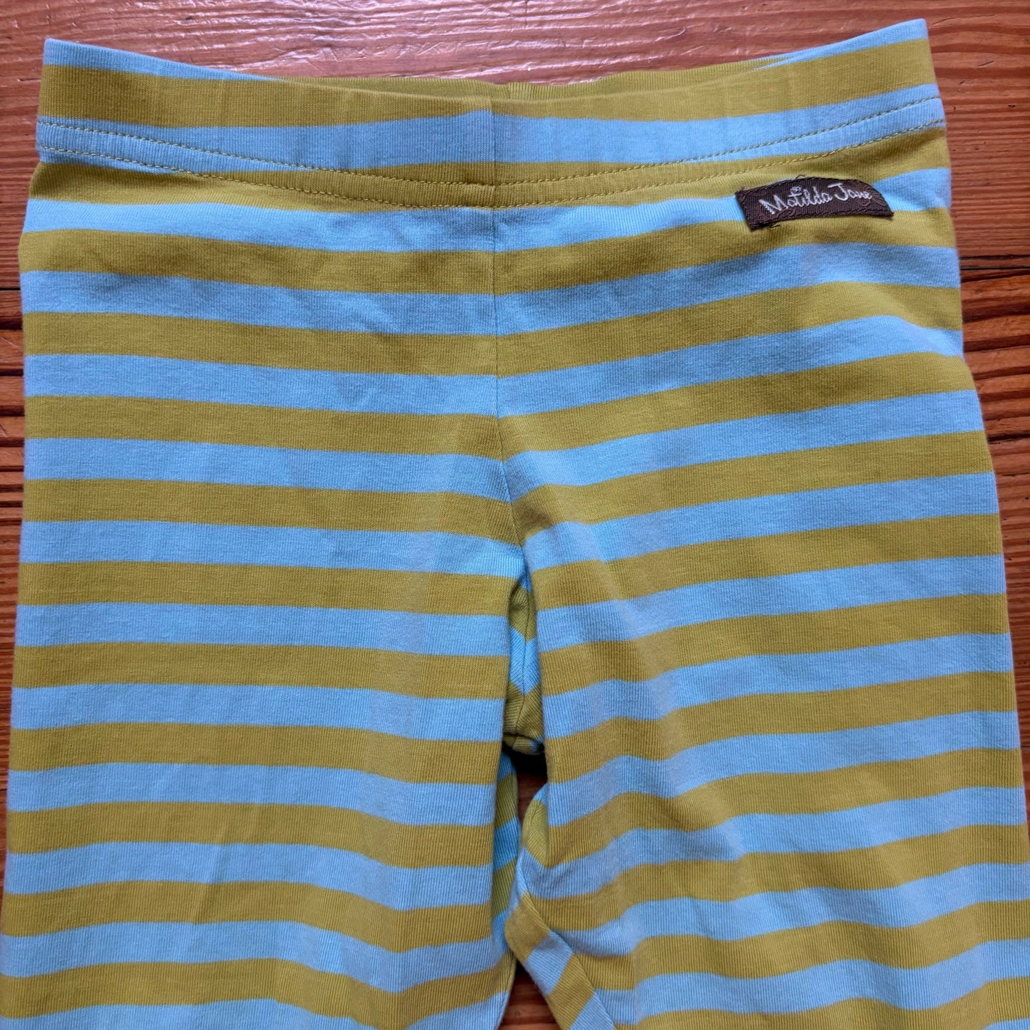 Matilda Jane green blue striped ruffle bottom elastic waist stretch pants SIZE 6