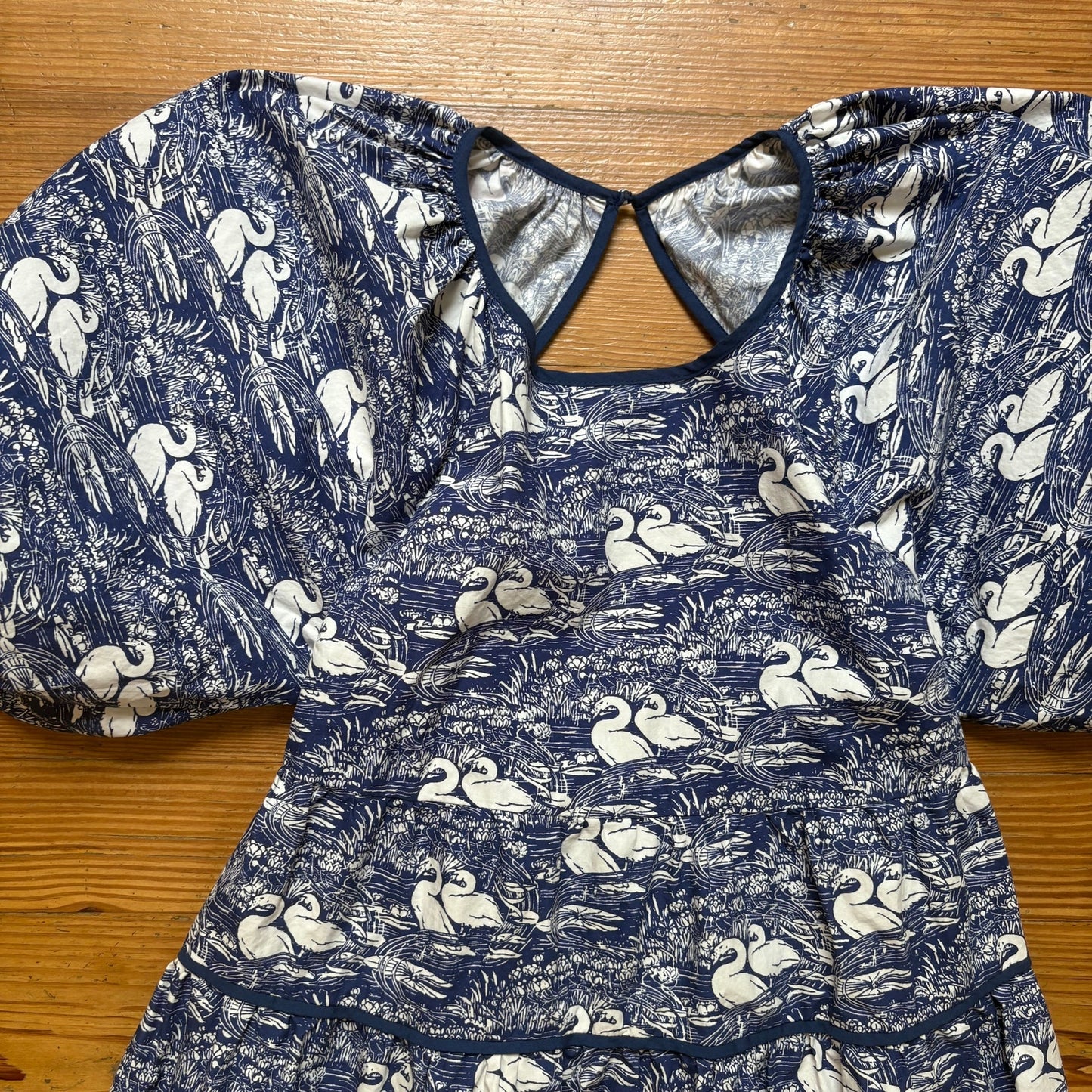Laura Ashley & Urban Outfitters blue swan puff sleeve tiered mini dress SIZE M