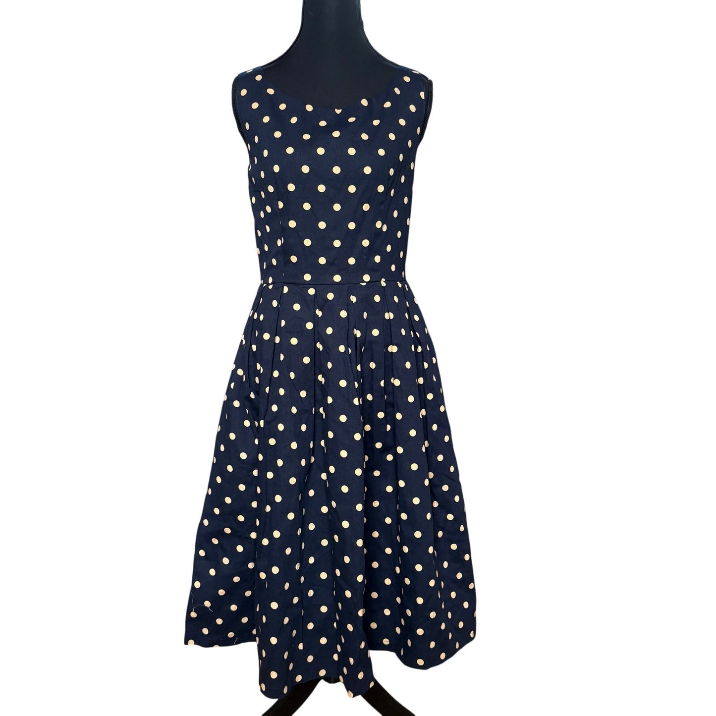 NWT Lindy Bop navy blue beige polka dot sleeveless cotton midi dress SIZE S