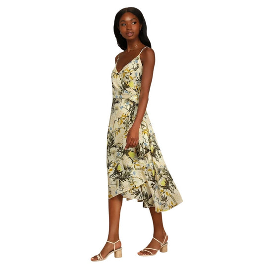 Lulus butter yellow green floral print wrap midi dress SIZE XL