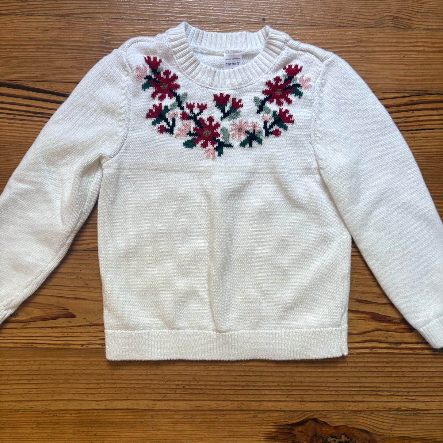 Carter's white red pink holiday floral knit crew girls sweater SIZE 6
