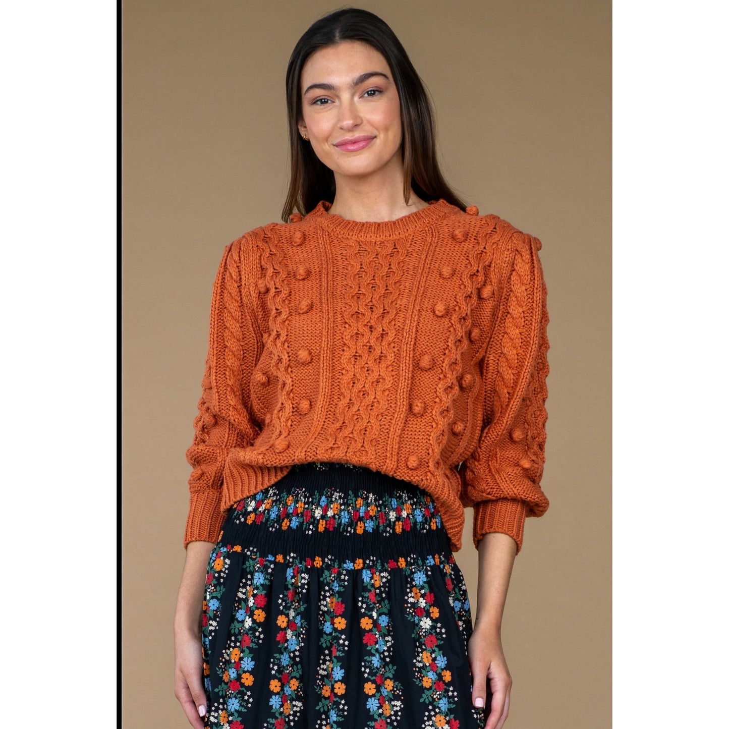 Olivia James The Label burnt orange cable knit pom pom crew sweater SIZE S