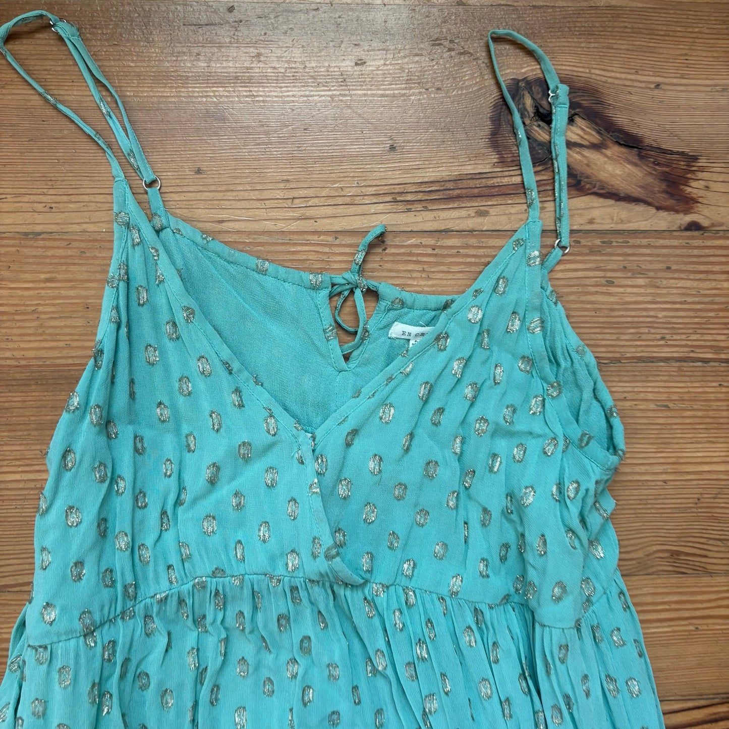 En Creme mint green gold polka dot plunge neckline maxi dress SIZE M