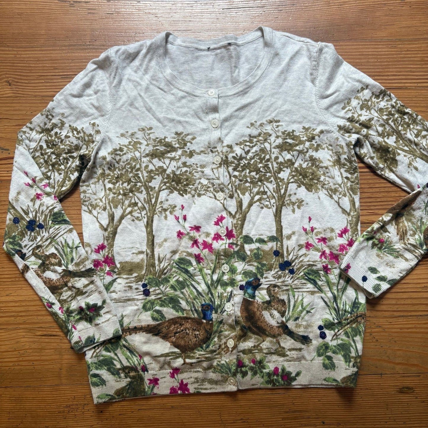 Talbots beige pheasant quail garden graphic cardigan sweater SIZE XS
