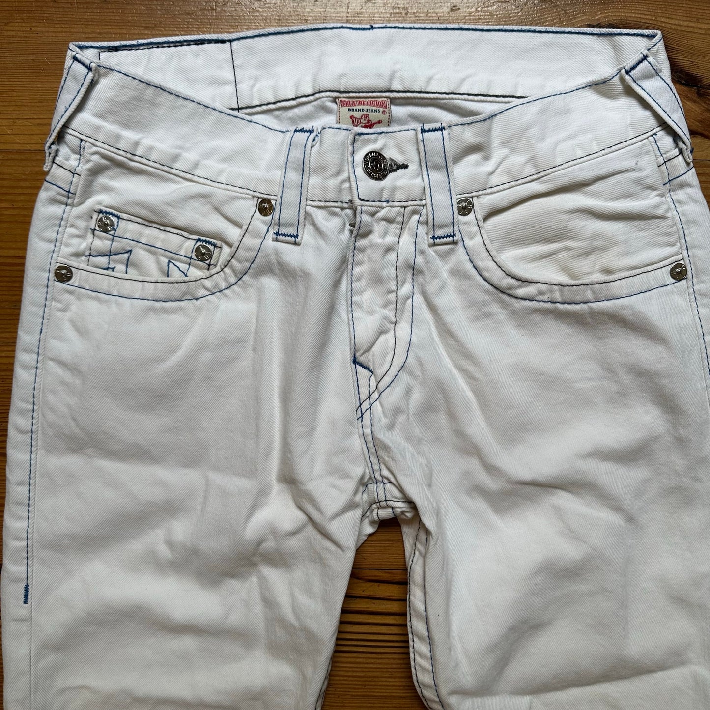 True Religion white blue stitching skinny straight leg jeans SIZE 31