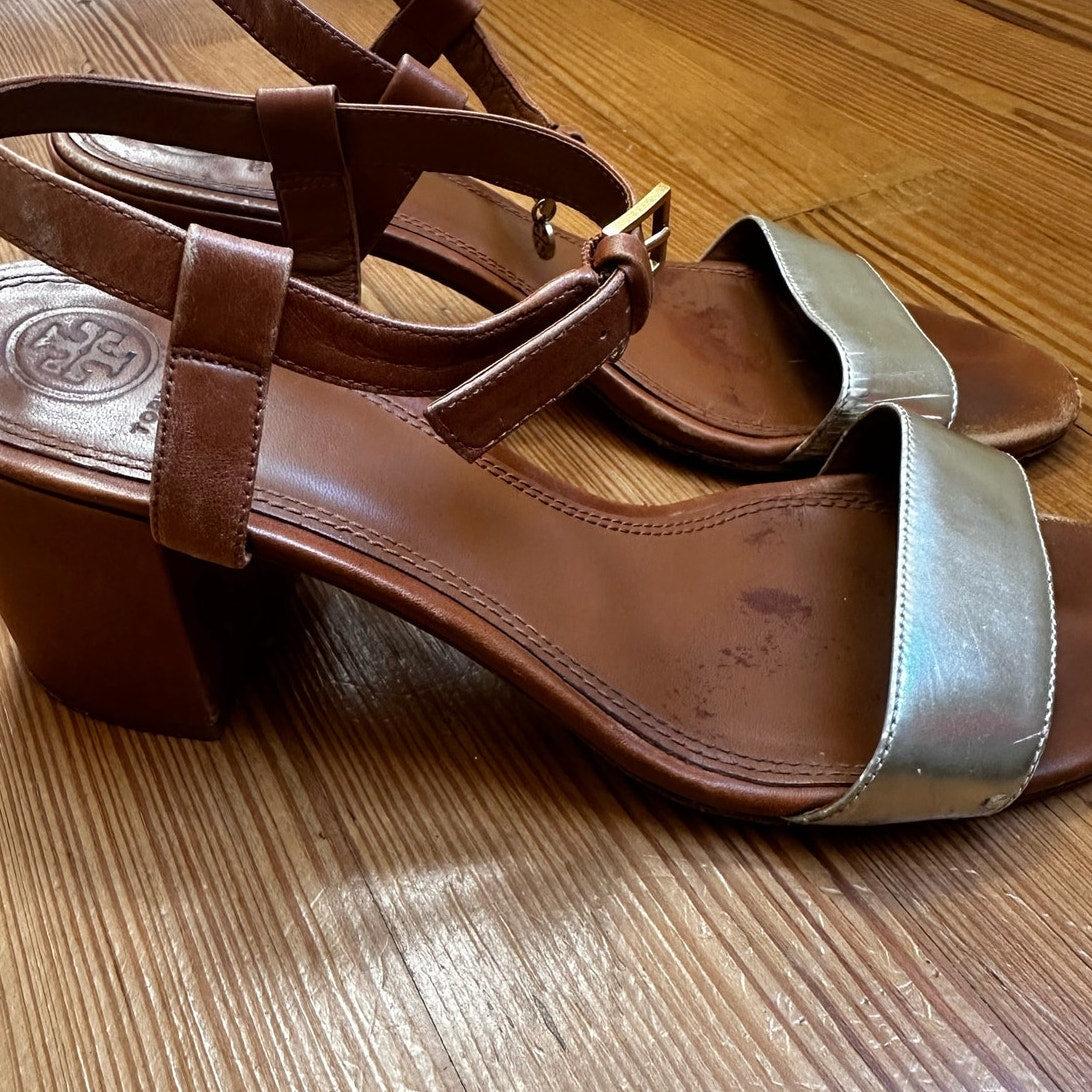 Tory Burch Laurel brown leather blocked heeled gold strap sandal SIZE 9.5